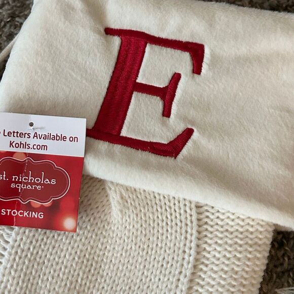 Winter White Knit Christmas Stocking 21” Monogram Initial E | w Plush Cuff NEW - Picture 3 of 5